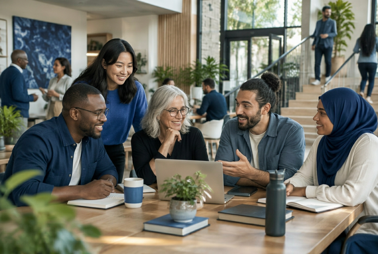 A diverse organization collaborating around a table
